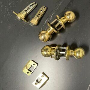 Brass Door Hardware Set – 2 Door Handles + 5 Spring Door Stops